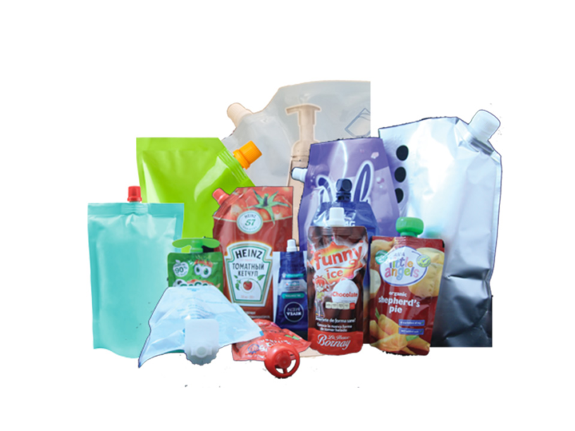 Pouch examples of full shape sealing technology spouts