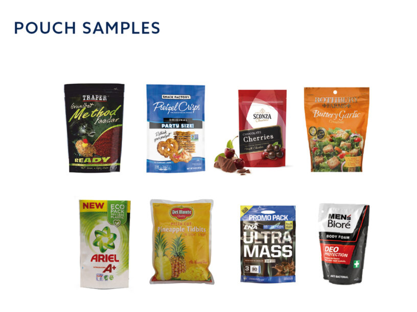 Pouch samples of the FL 2.7 / 3.2 / 4.2 Inline Rollstock Carrousel Machine for Large Formats