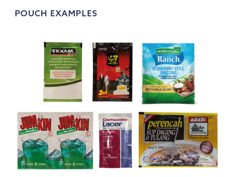 Horizontal form fill seal rollstock compact machine pouch examples for small pouches and sachets
